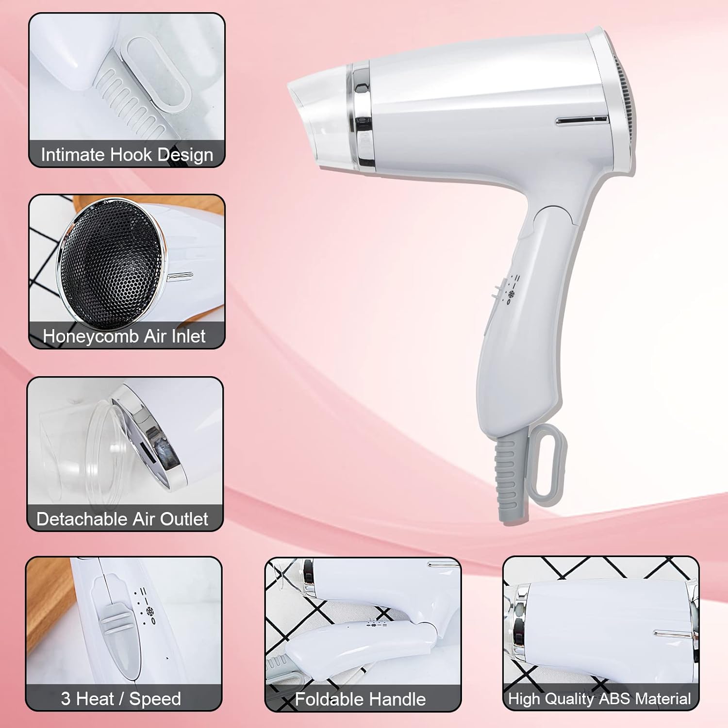 White Compact Folding Travel Hair Dryer 8x7 Inch Lightweight Mini Design Low Noise Heat Settings - Image 3