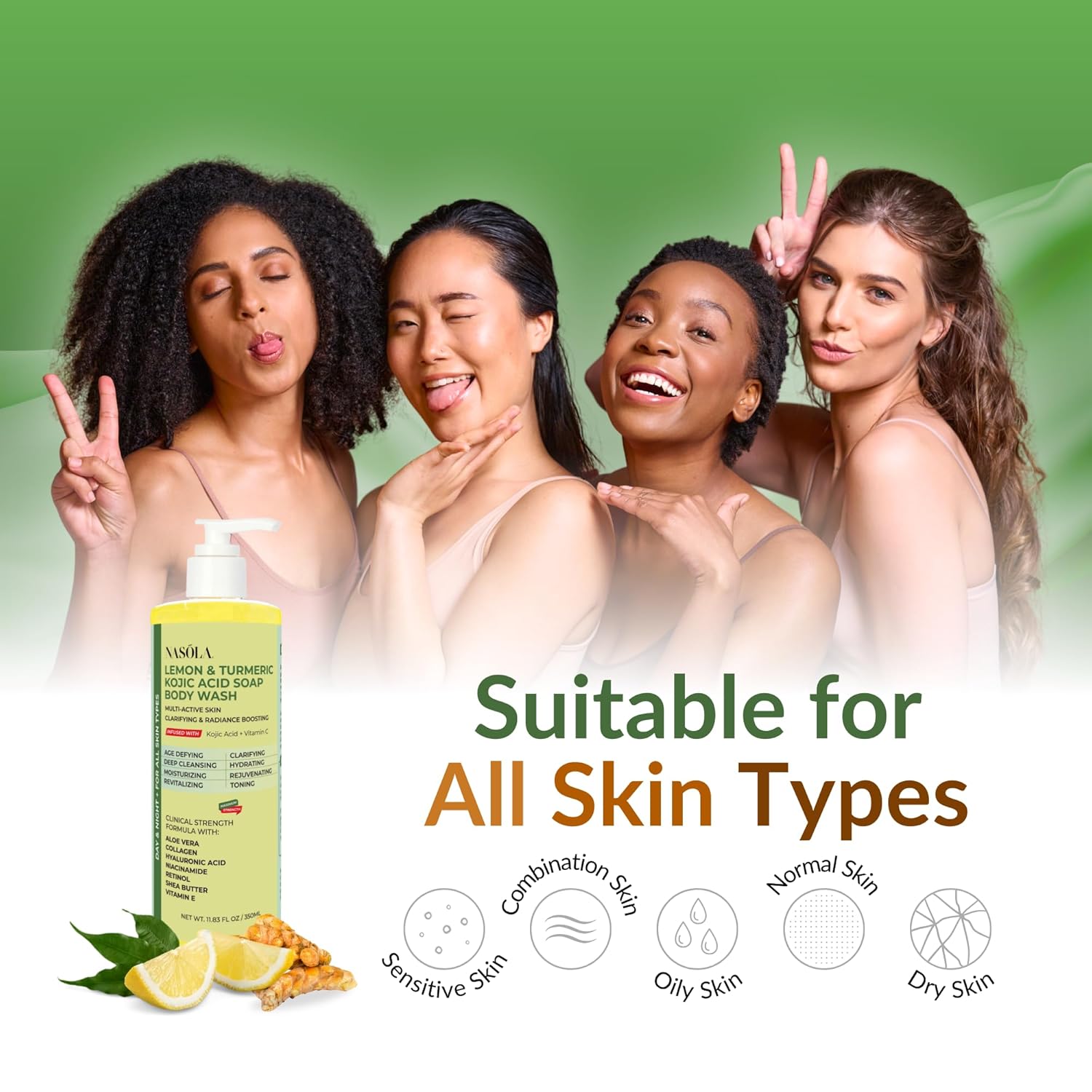 Lemon Turmeric Kojic Acid Soap Body Wash - Natural Gentle Face & Skin Cleanser with Vitamin C, Shea Butter, Collagen, Niacinamide, Hyaluronic Acid, and Aloe Vera - 11.83 Fl Oz - Image 5