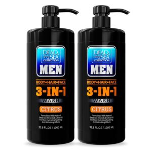Dead Sea Collection Mens Body Wash 3 in 1 – Citrus Body Wash for Men – Shower Gel – Shampoo – Shower Soap for Face and Hair – Pack of 2 Bottles (33.8 Fl. Oz. Each)