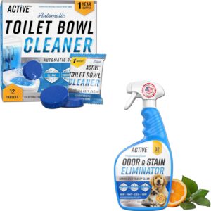 ACTIVE Automatic Toilet Bowl Cleaner and Pet Odor and Stain Eliminator - Includes 12ct Toilet Bowl Cleaner Tablets and 32oz Pet Stain Remover