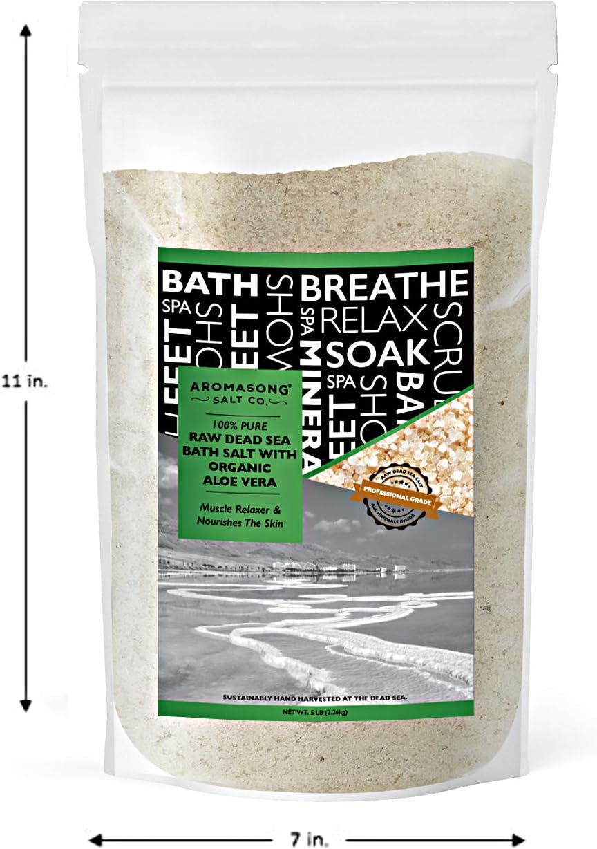 Aromasong 5 lbs Raw Dead Sea Salt with Organic Aloe Vera, not Cleaned, Still Contains All Dead sea Minerals Including Dead sea Mud, Fine Medium Grain Large resealable Bulk Pack (Packaging May Vary) - Image 7