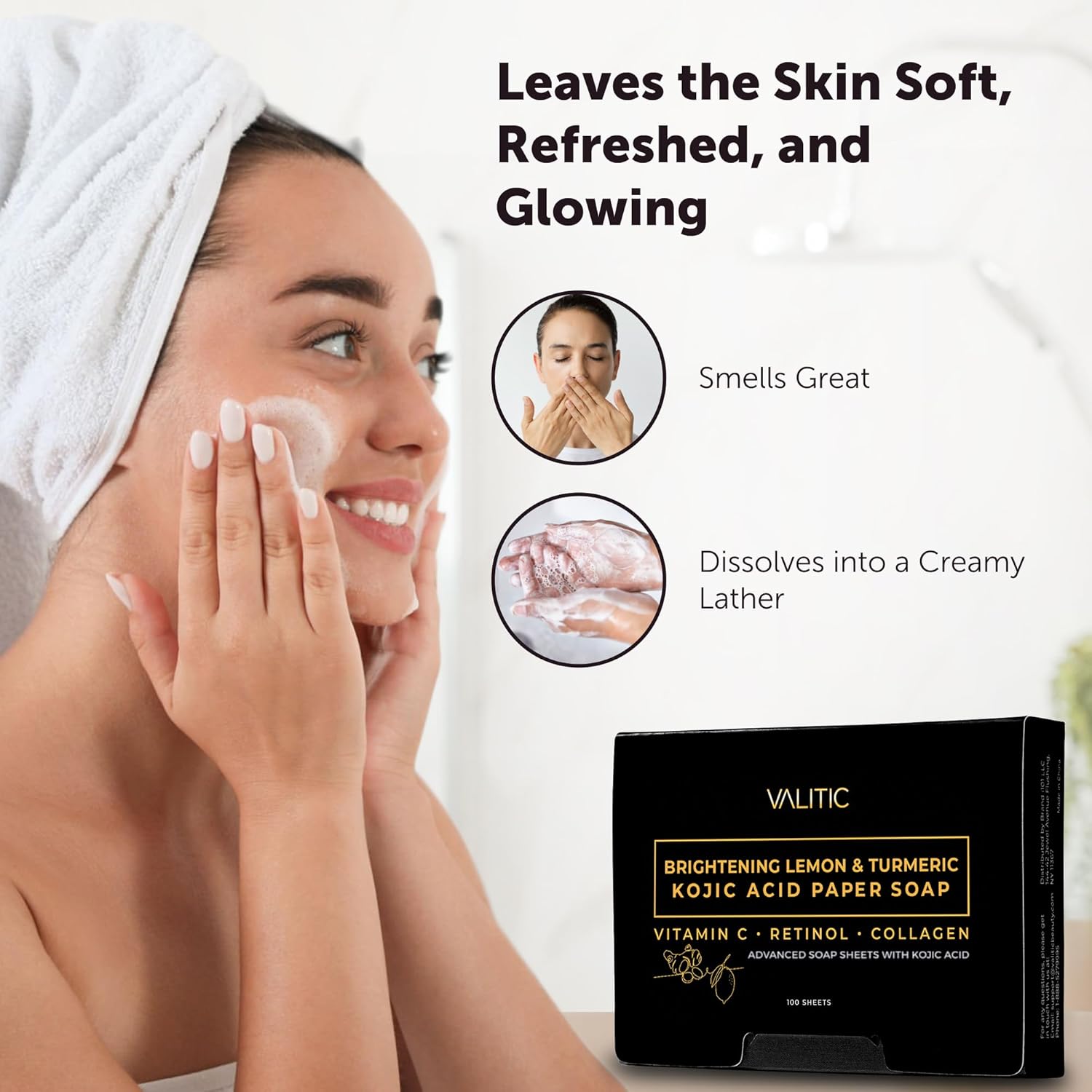 VALITIC Brightening Lemon Turmeric Kojic Acid Paper Soap - Vitamin C, Retinol, Collagen - Original Japanese Complex - Hyaluronic Acid, Vitamin E, Shea Butter, Castile Olive Oil - 3 Pack - Image 4