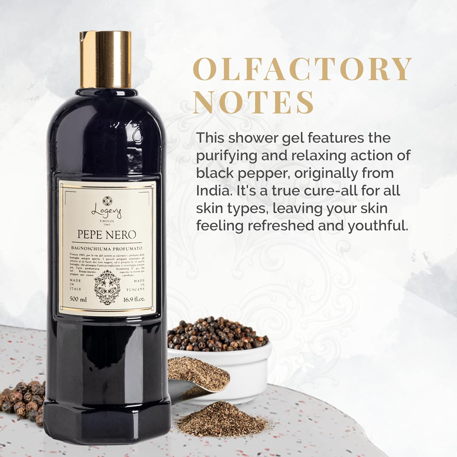 Logevy Pepe Nero Shower Gel – Indulgent Black Pepper Aroma Made from the Best Skin-Friendly Ingredients, Rich in Nutritional Properties for Rejuvenating, Hydrating, and Soothing Action – 500ml - Image 3
