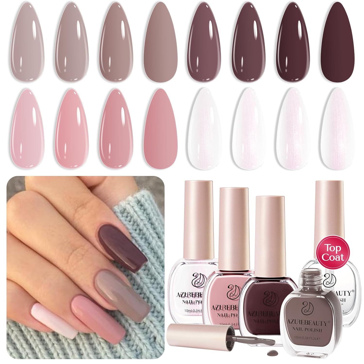 AZUREBEAUTY Nail Polish Set 4 Colors Brown Pink Glitter Nail Polish Quick Dry Natural Nail Lacquer Fingernail Strengthening Treatment Kit with Top Coat DIY Salon Home