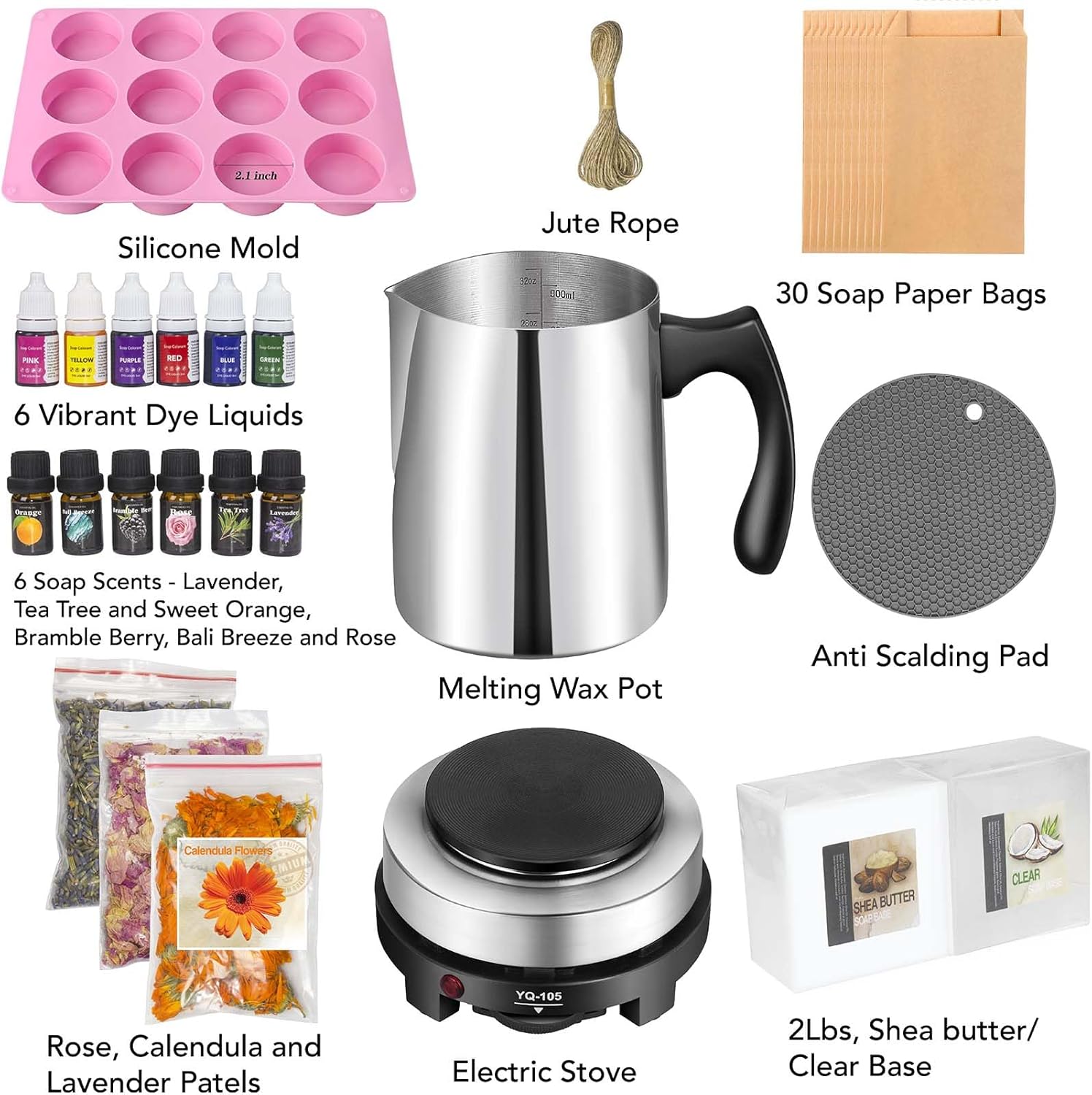 Haclum Soap Making Kit with Electronic Hot Plate, 2 Lb Glycerin Base, Paper Bags, 6 Scents, 6 Liquid Dyes, Pouring Pot, Silicone Mold for Adults and Beginners DIY Kits - Image 2