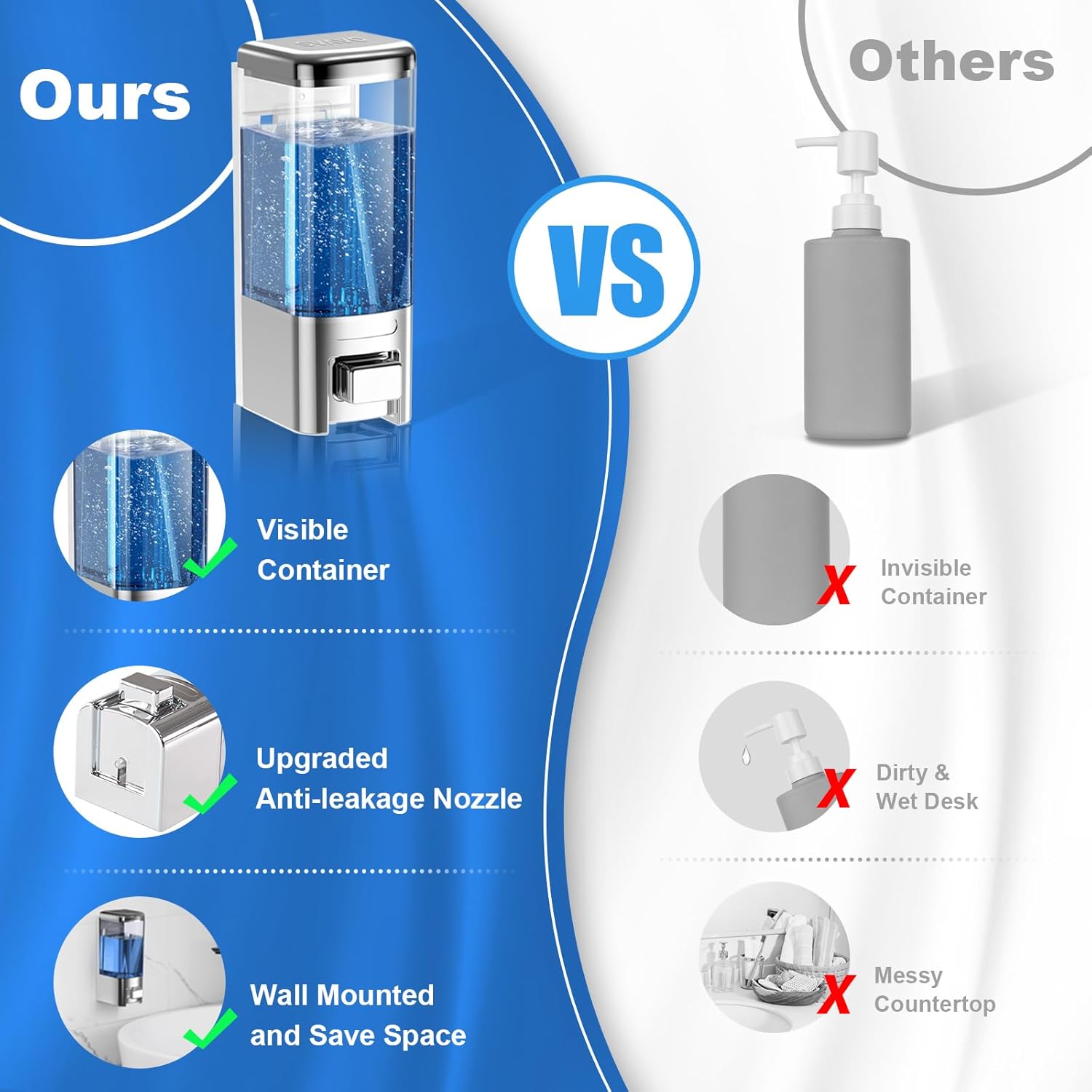 SVAVO Wall Mounted Soap Dispenser - Manual Kitchen Bathroom Hand Soap Dispenser with Anti-Leakage Nozzle Container for Liquid/Gel/Shampoo/Shower Gel/Lotion/Cleaner, 17fl.oz/500ml, Chrome&Clarity - Image 4