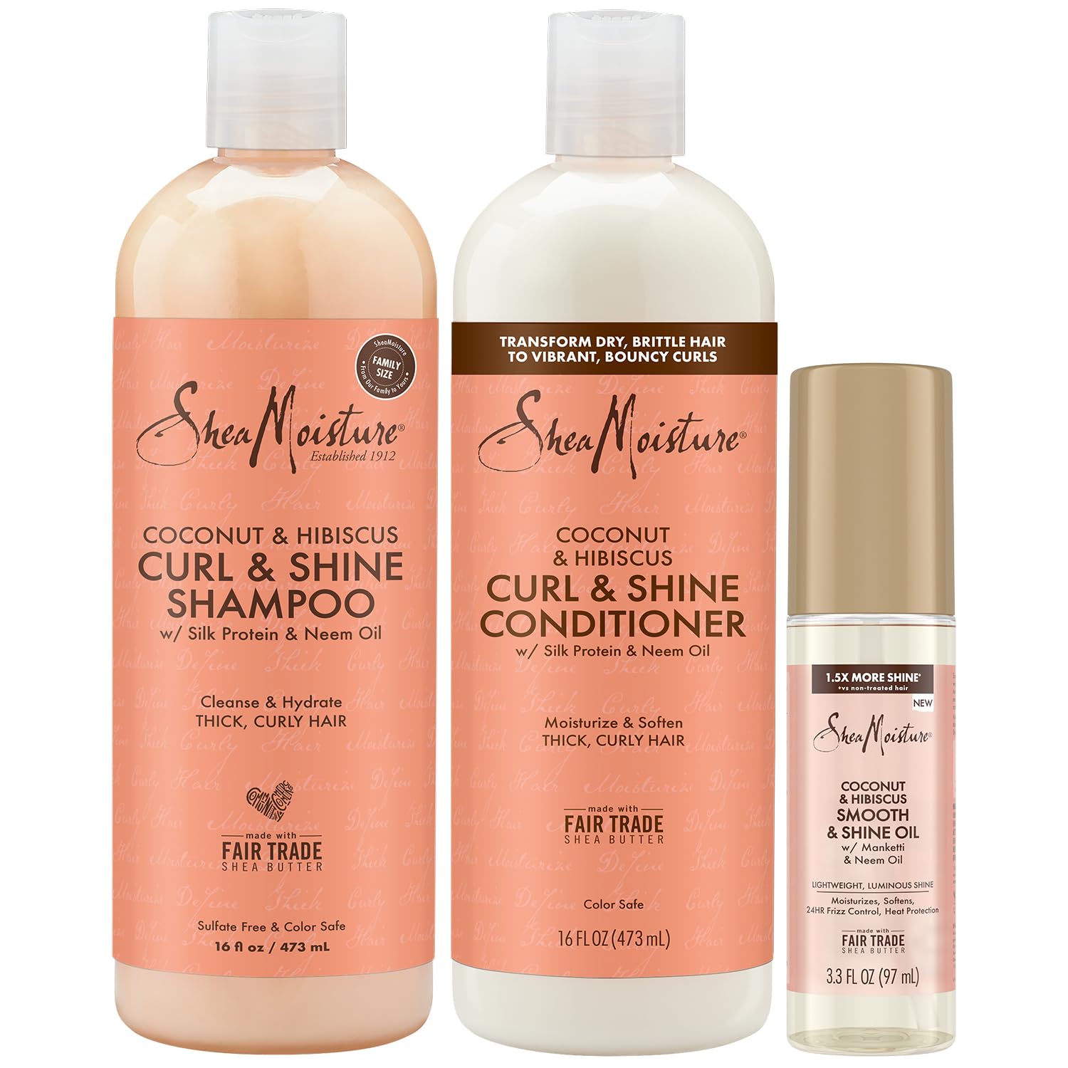 Shea Moisture Shampoo & Conditioner Set + Smooth & Shine Oil Gift Set – Coconut & Hibiscus Curl & Shine, Anti-Frizz Products for Curly Hair (3 Piece Set)