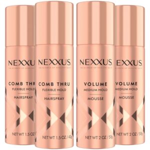 Nexxus Travel Hairspray and Mousse Bundle – Comb Thru Flexible Hold Hairspray (1.5 Oz) 2-Pack + Volume Medium Hold Mousse (2 Oz) 2-Pack, Anti-Humidity, Frizz Control, Rose Fragrance