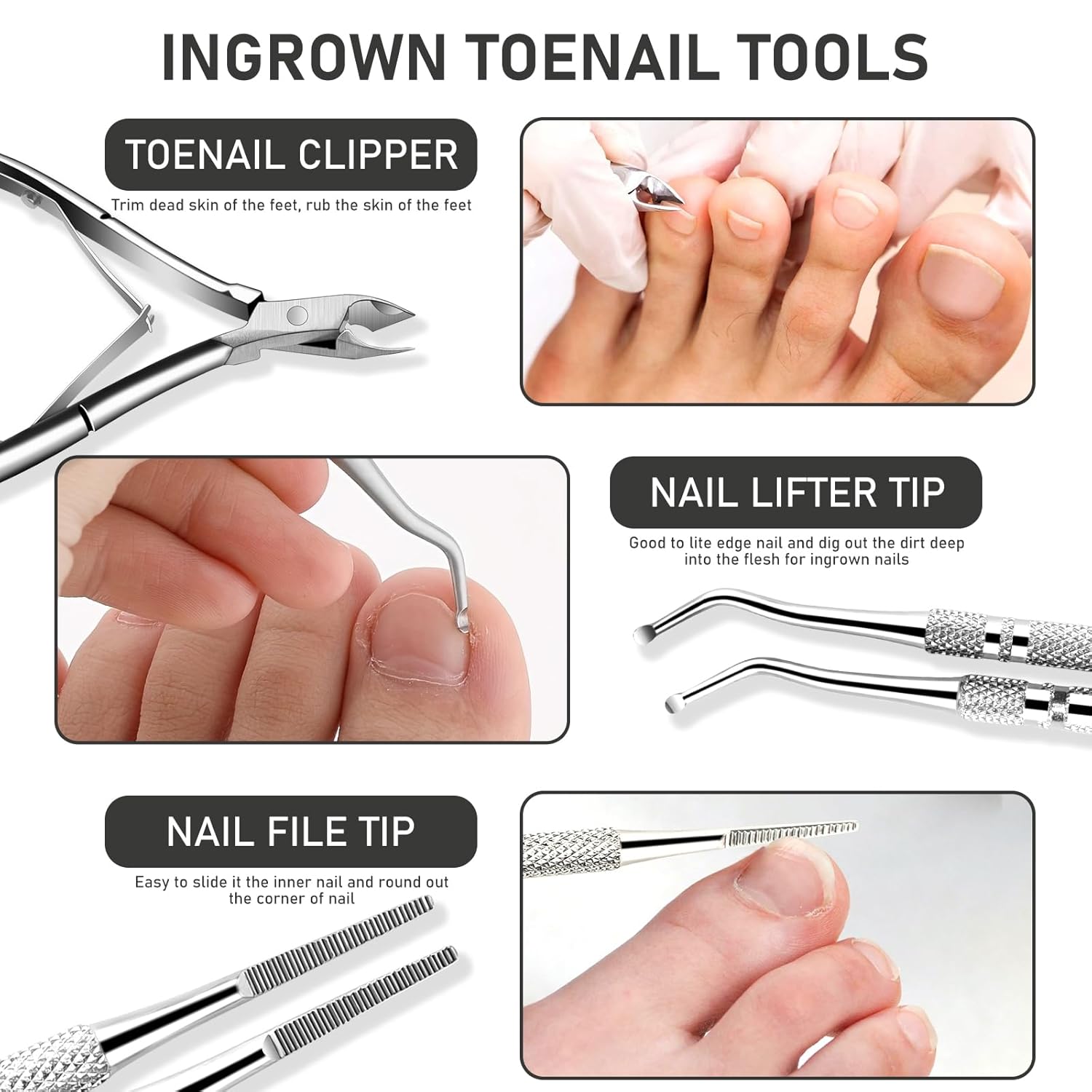Ingrown Toenail Tool Kit, Ingrown Toenail Removal Kit: Ingrown Toenail Clippers, Ingrown Toenail File and Lifters, Under Nail Cleaner - Professional Pedicure Tools Set for Effective Treatment - Image 3