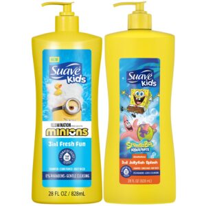 Suave Kids 3-in-1 Variety 2-Pack – Minions Fresh Fun + SpongeBob SquarePants JellyFish Splash Tear-Free Shampoo, Conditioner & Body Wash, 28 Oz Ea