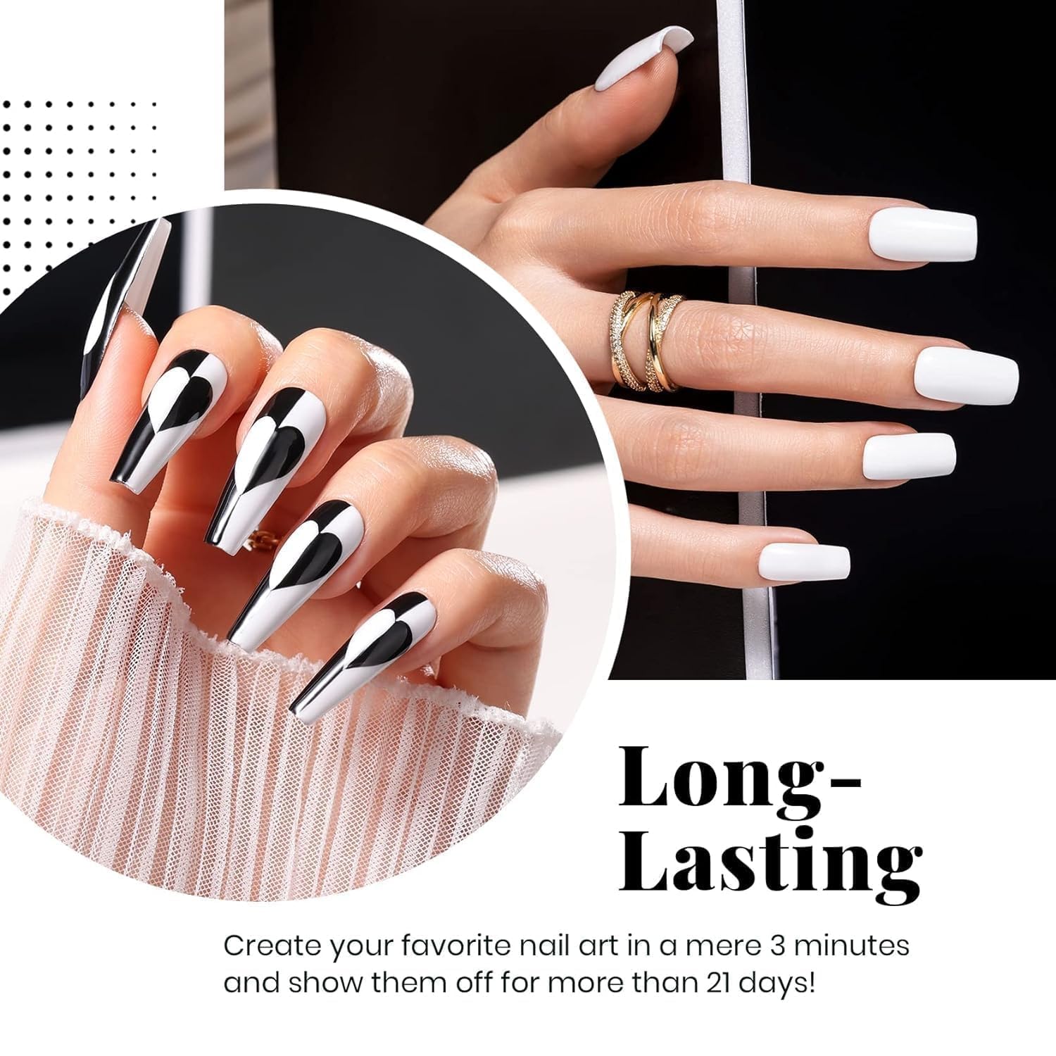 Beetles 4 Pcs White Black Gel Nail Polish Set with Top and Base Coat - Image 3