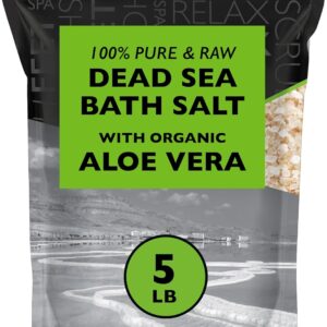 Aromasong 5 lbs Raw Dead Sea Salt with Organic Aloe Vera, not Cleaned, Still Contains All Dead sea Minerals Including Dead sea Mud, Fine Medium Grain Large resealable Bulk Pack (Packaging May Vary)