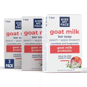 Kiss My Face Goat Milk Bar Soap, With Goat Milk and Probiotics, Nourishes and Invigorates, Bar Soaps for Hands and Body, Cruelty Free and Palm Oil Free, Peach and Apple Blossom Scents, Pack of 3