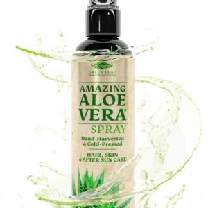 Green Leaf Naturals Aloe Vera Spray | 99% Cold-Pressed Aloe Vera Juice with Vitamin C, E & A | Hair, Skin, Facial Moisturizer, Sunburn Relief & After Sun Lotion 8oz
