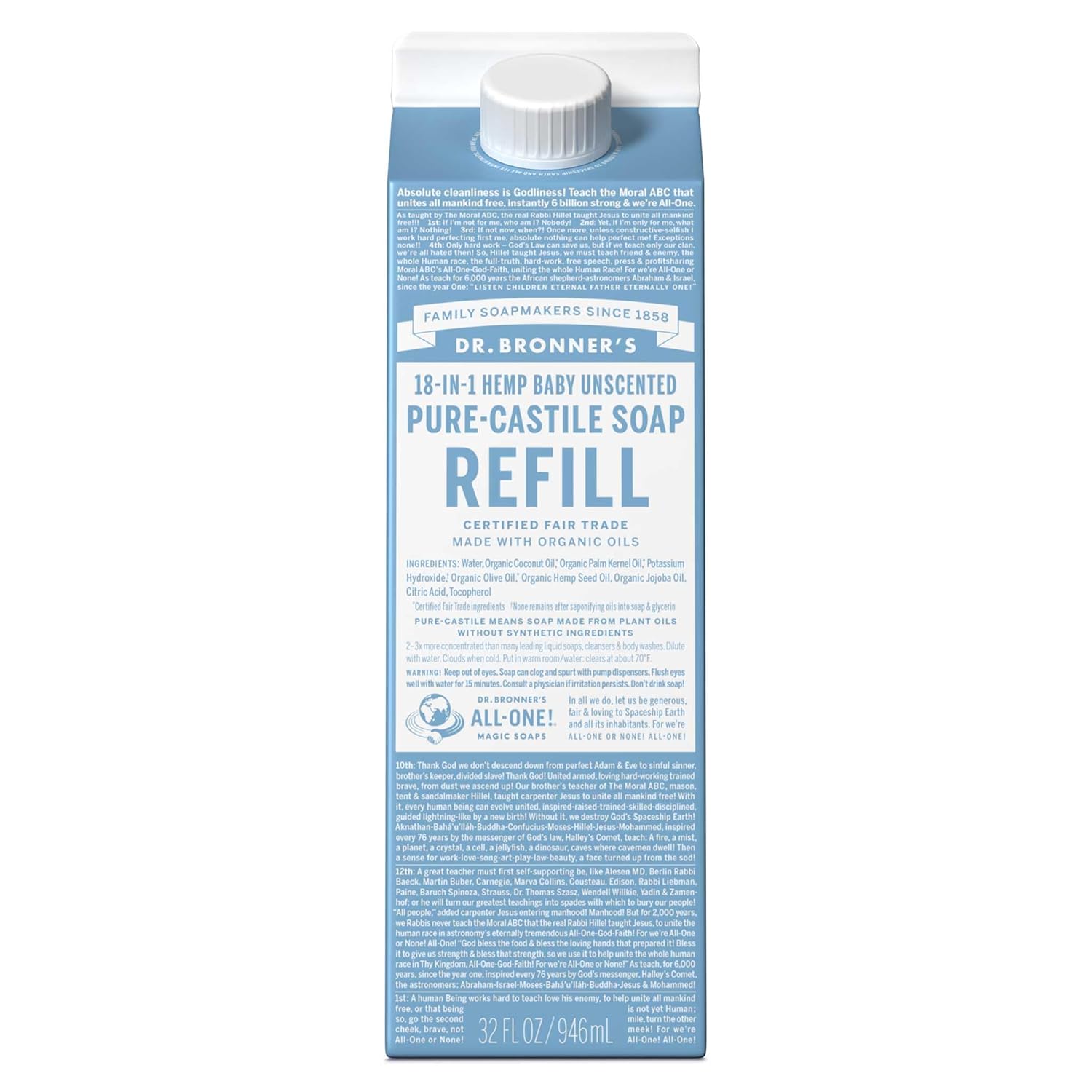 Dr. Bronner's Pure-Castile Liquid Soap Refill - Made with Regenerative Organic Certified Oils, 82% Less Plastic - 18-in-1 Uses, For Face, Body Wash, Hand Soap Refill & More - Baby Unscented, 32oz