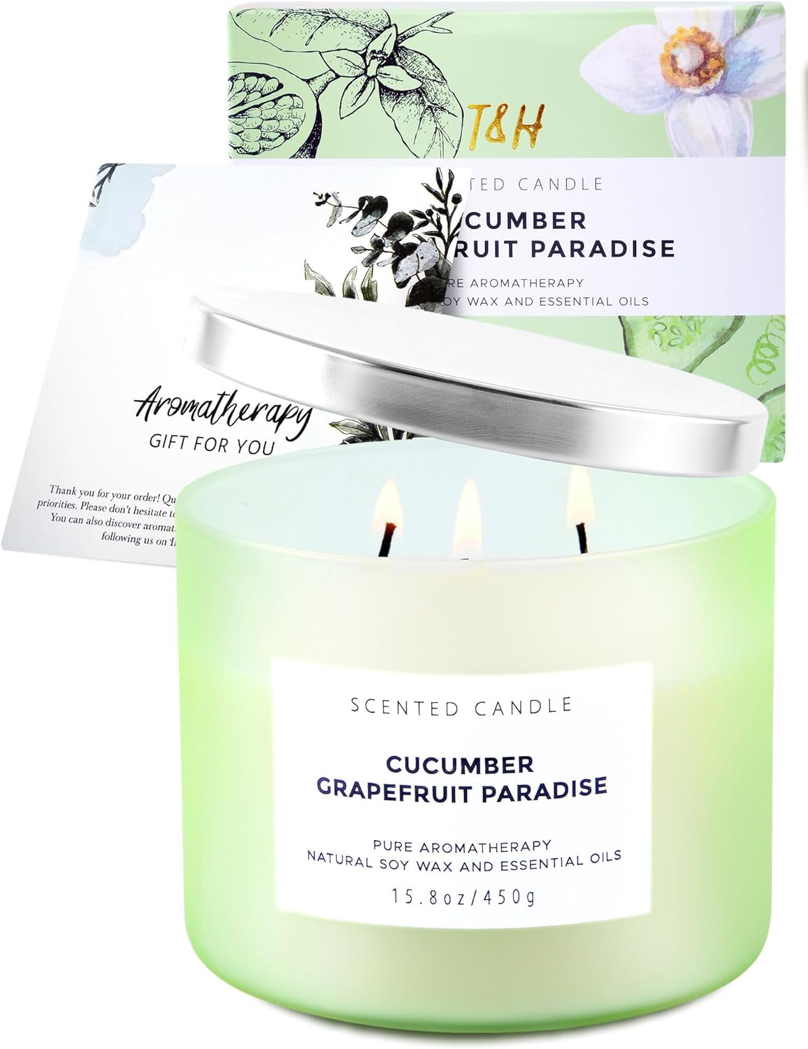 Cucumber Grapefruit Melon Scented Candle | Large 3 Wick Soy Candle for Home 15.8 oz | Refreshing Spring & Summer Aromatherapy Stress Relief Candles Long Lasting | Relaxing Candles for Women & Men - Image 6
