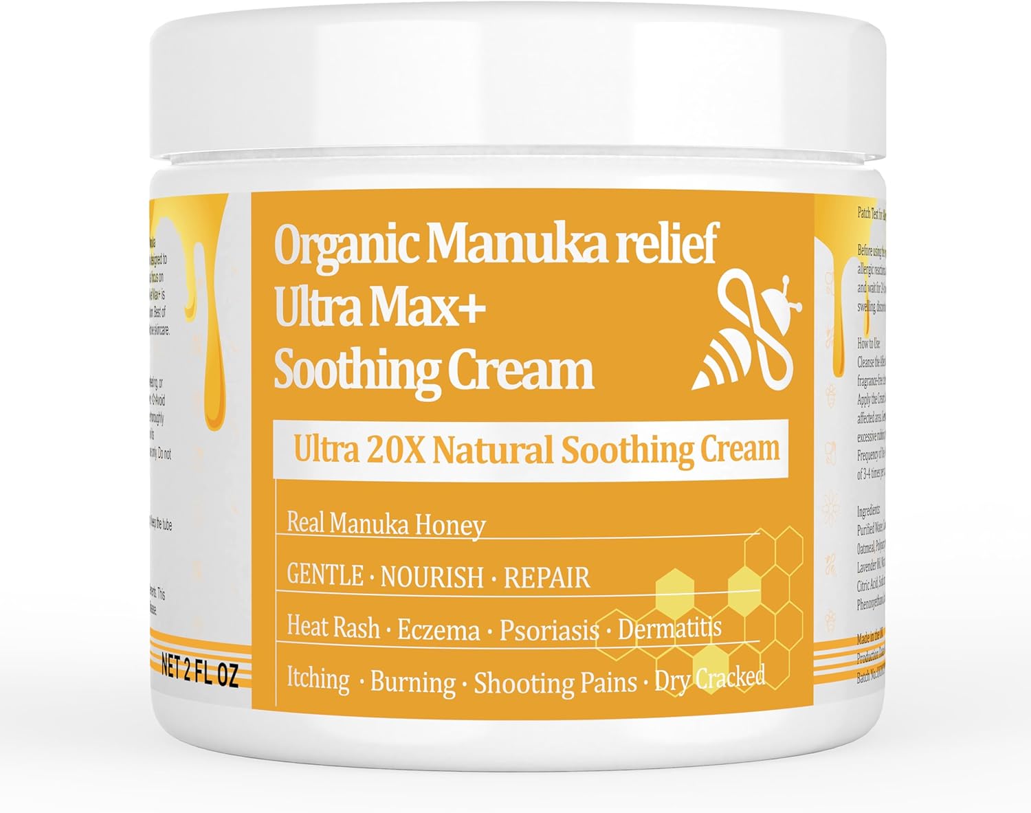 Manuka Honey Eczema Soothing Cream - Organic Ointment, for Hand, Body Eczema Relief, Hand Foot Tinea, Psoriasis, Dry, Itchy, Irritated Skin, Armpits, Itchy Feet, Bottom, Anal Itch, Adults, Children