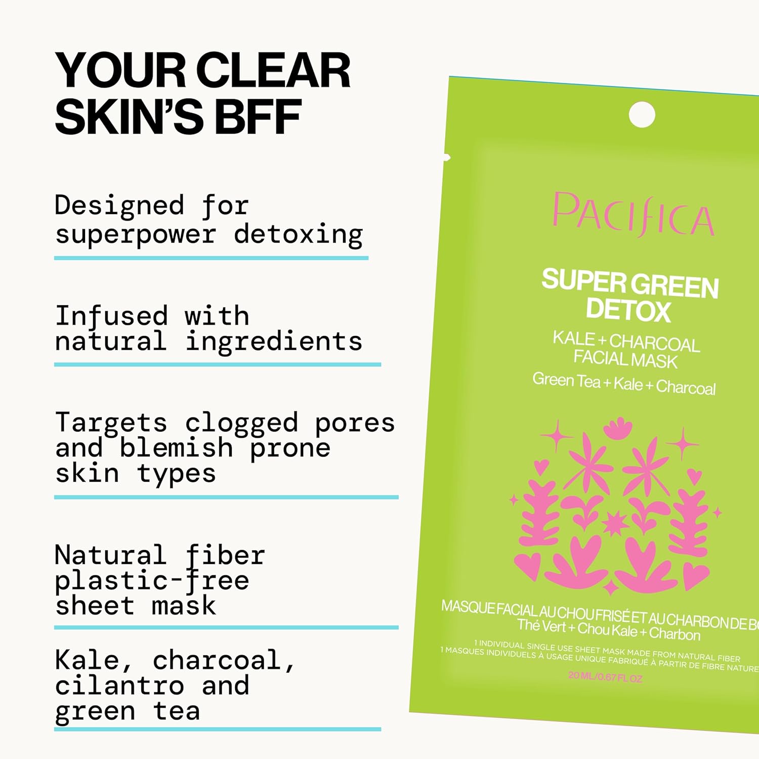 Pacifica Super Green Detox 6 oz Sheet Mask Charcoal Kale Clay for Oily Skin - Image 3