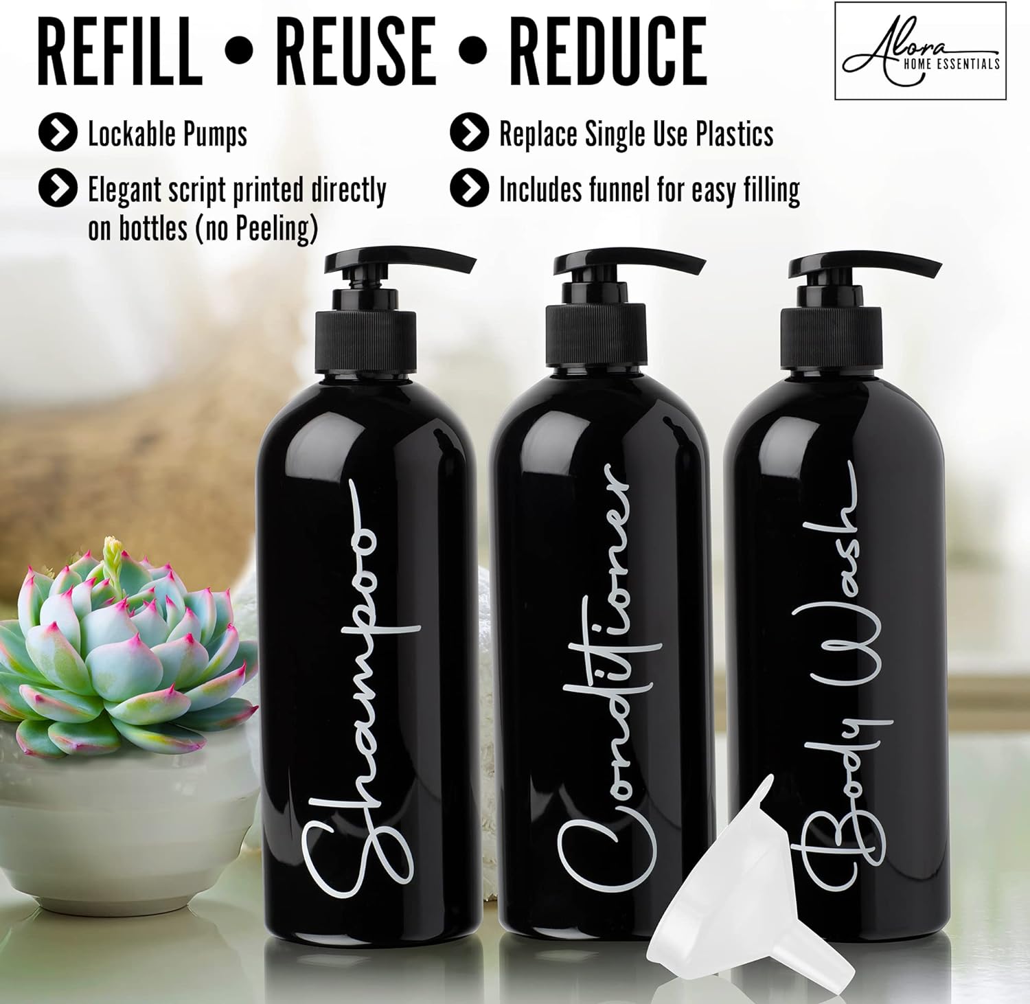 Alora Reusable Shampoo and Conditioner Bottles - Set of 3 - Matte Black - Permanent Stylish Labels - 16oz Pump Bottle Dispenser for Shampoo, Conditioner, Body Wash - Plastic Refillable Containers… - Image 2