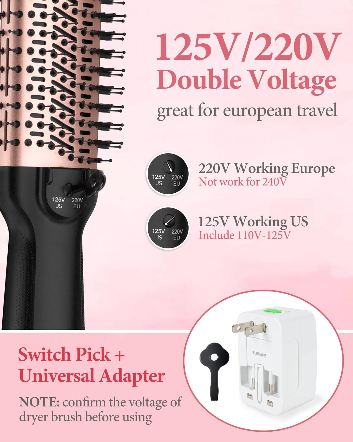 Travel-Friendly Dual Voltage Hair Dryer Brush One-Step Hot Air Volumizer with Adapter - Image 3