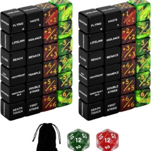 SIXPOINTS 50PCS Keywords MTG Dice Counters Plus 1 Life Counter Dice Abilities Creature Stats Buff Tokens 6 Sided & D20 Dice Set for Magic The Gathering, MTG, TCG, Card Games Accessories