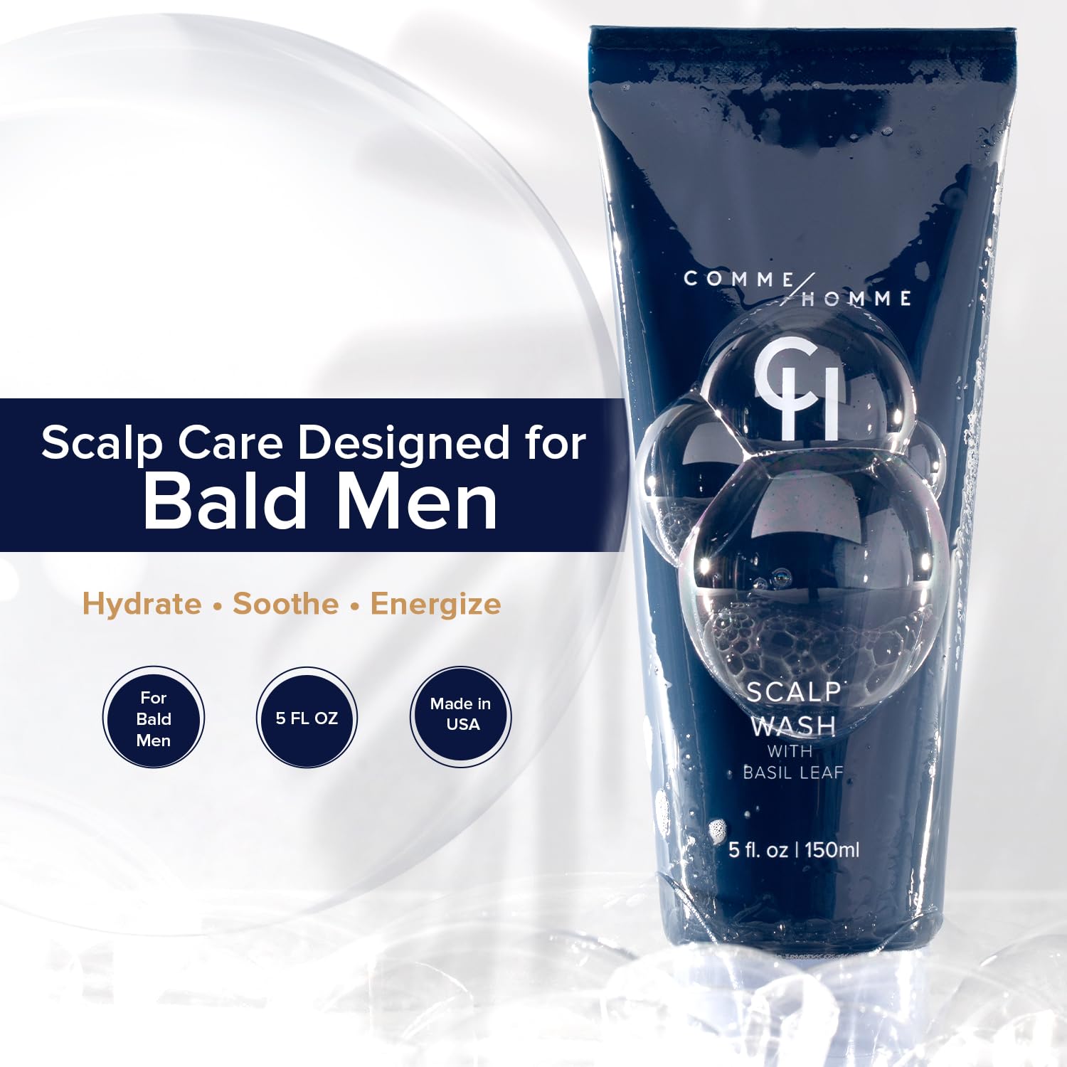 Comme Homme Hydrating Scalp Wash for Bald Men | Gently Cleanses, Soothes & Energizes with Basil, Aloe, Tree Tea & Caffeine | Scalp Wash for Face & Scalp | 5 fl. oz/ 150 ml - Image 2