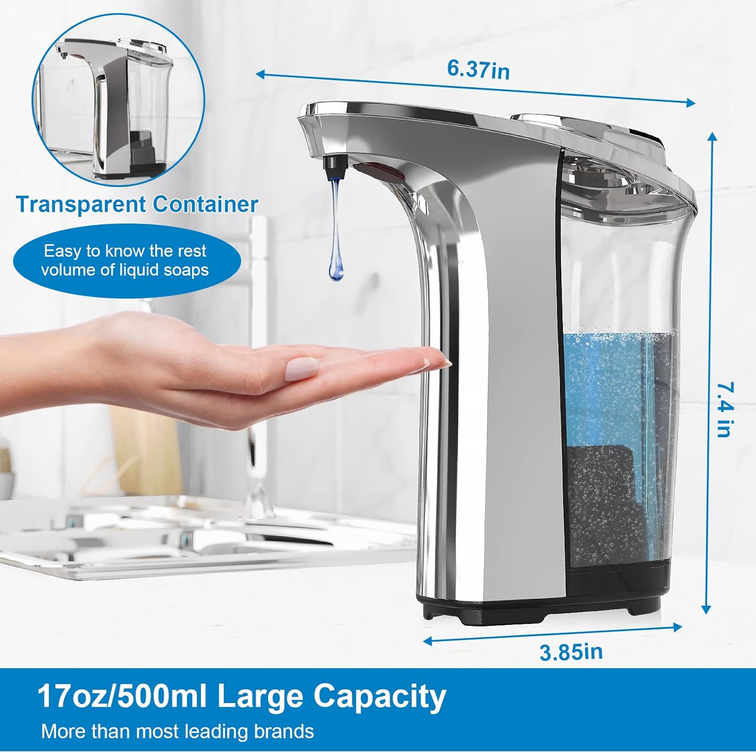 Automatic Soap Dispenser, Touchless Dish Soap Dispenser 17oz/500ml with Infrared Sensor, 5 Adjustable Soap Levels, Liquid Dispenser for Bathroom Kitchen (Silver) - Image 3