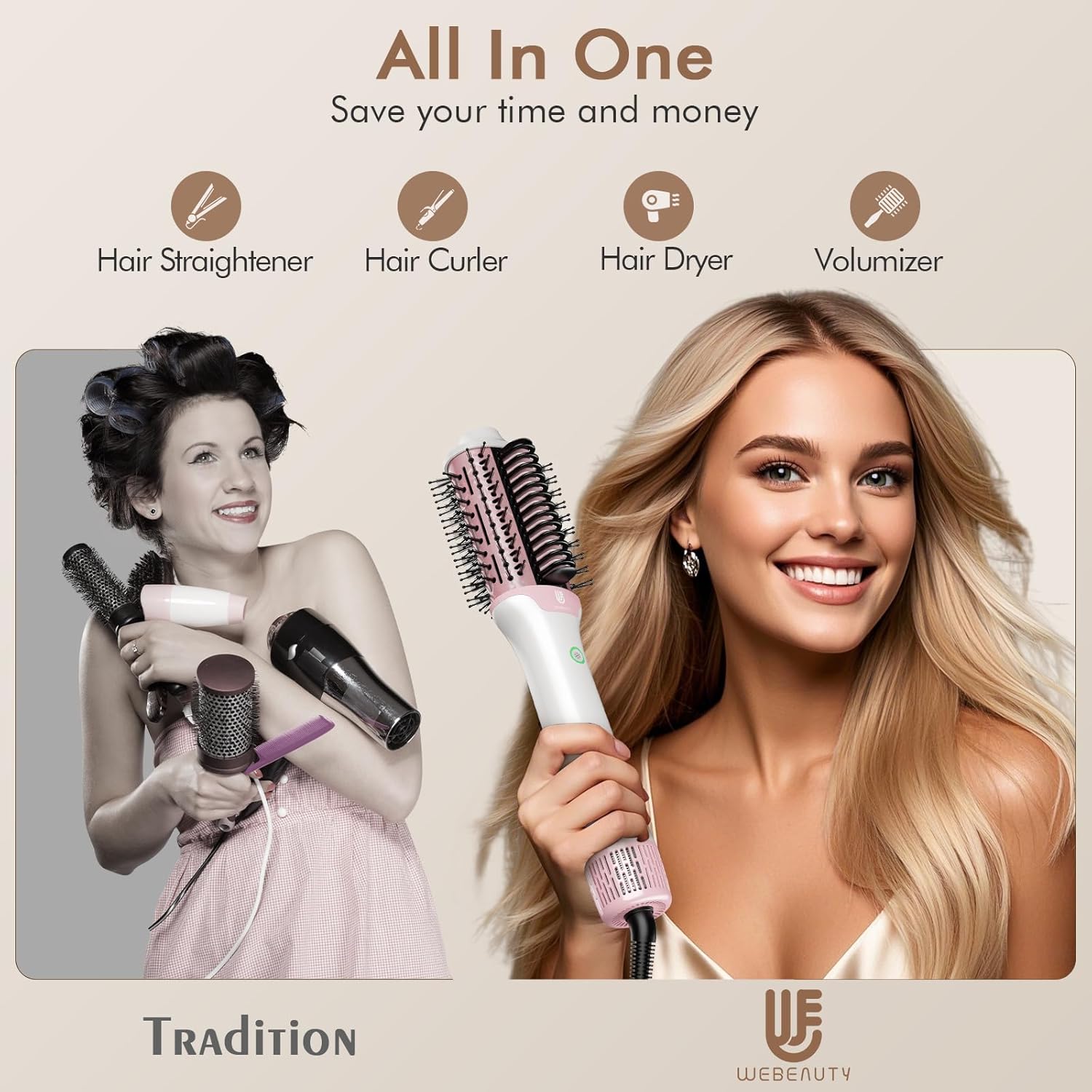 Ionic Ceramic 2-in-1 Blow Dryer and Hair Straightener Brush, Adjustable Heat, White - Image 2