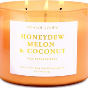 Honeydew Melon Coconut Candle - Large 3 Wick Summer Scented Soy Candle - Tropical Fruity Relaxing Candles for Home 15.8 oz, Aromatherapy Stress Relief Candles for Women & Men, Luxury Home Decor Gift