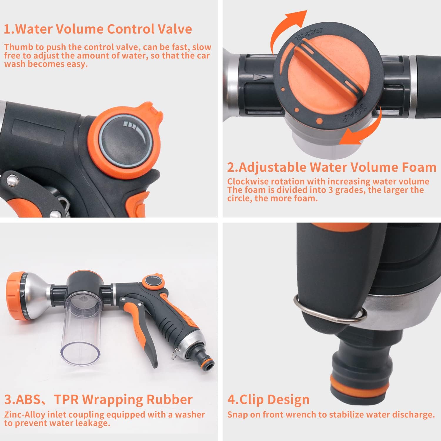 Garden Hose Nozzle,8 Patterns Hose Sprayer High Pressure,Heavy Duty Dog Wash,Metal Water Hose Nozzle with Soap Dispenser,Car Wash Foam Gun - Image 5