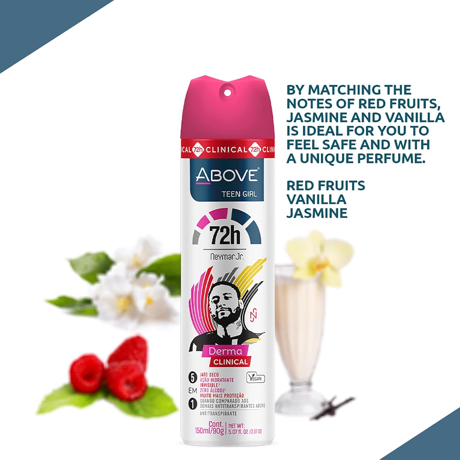 ABOVE 72 Hours Derma Clinical Antiperspirant Deodorant, Neymar Jr Teen Girl, 4 Pcs - Deodorant for Teens - Red Fruits and Vanilla Notes - Dry Spray - Image 6