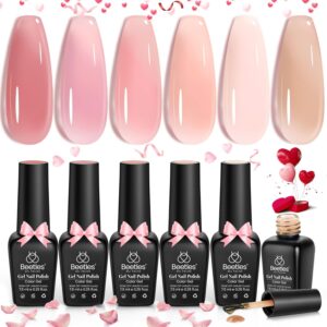 Beetles Jelly Gel Nail Polish Set, 6 Colors Jelly Gel Polish Kit Nude Pink Neutral Nail Art Design Sheer Translucent Gel Nail Kits Soak Off Uv Nail Lamp Cured Nail Manicure Gift for Women
