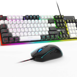 MageGee GT838 Gaming Keyboard and Mouse Combo, 104 Keys RGB Backlit Quiet Wired Keyboards for Laptop PC MAC, with Number Pad, Metal Panel, Anti-Ghosting, White Black