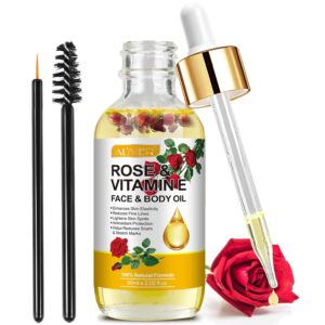 Rose Oil for Face with Rose Petal Flower, Organic Vitamin E Oil for Anti-aging, Scars & Stretch Mark, Gua Sha Face Oil, Natural Massage Body Oil Scented for Dry Skin, Scalp and Nail - 60ml