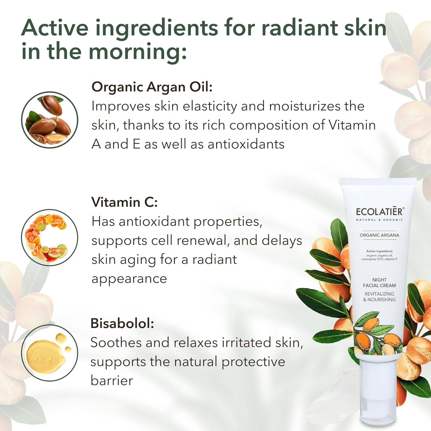 Night Cream with Organic Argan Oil – Revitalizing & Nourishing, Anti-Aging Face Moisturizer with Vitamin C, Vegan, 97.7% Natural Ingredients, 1.7 Fl Oz - ECOLATIER - Image 3