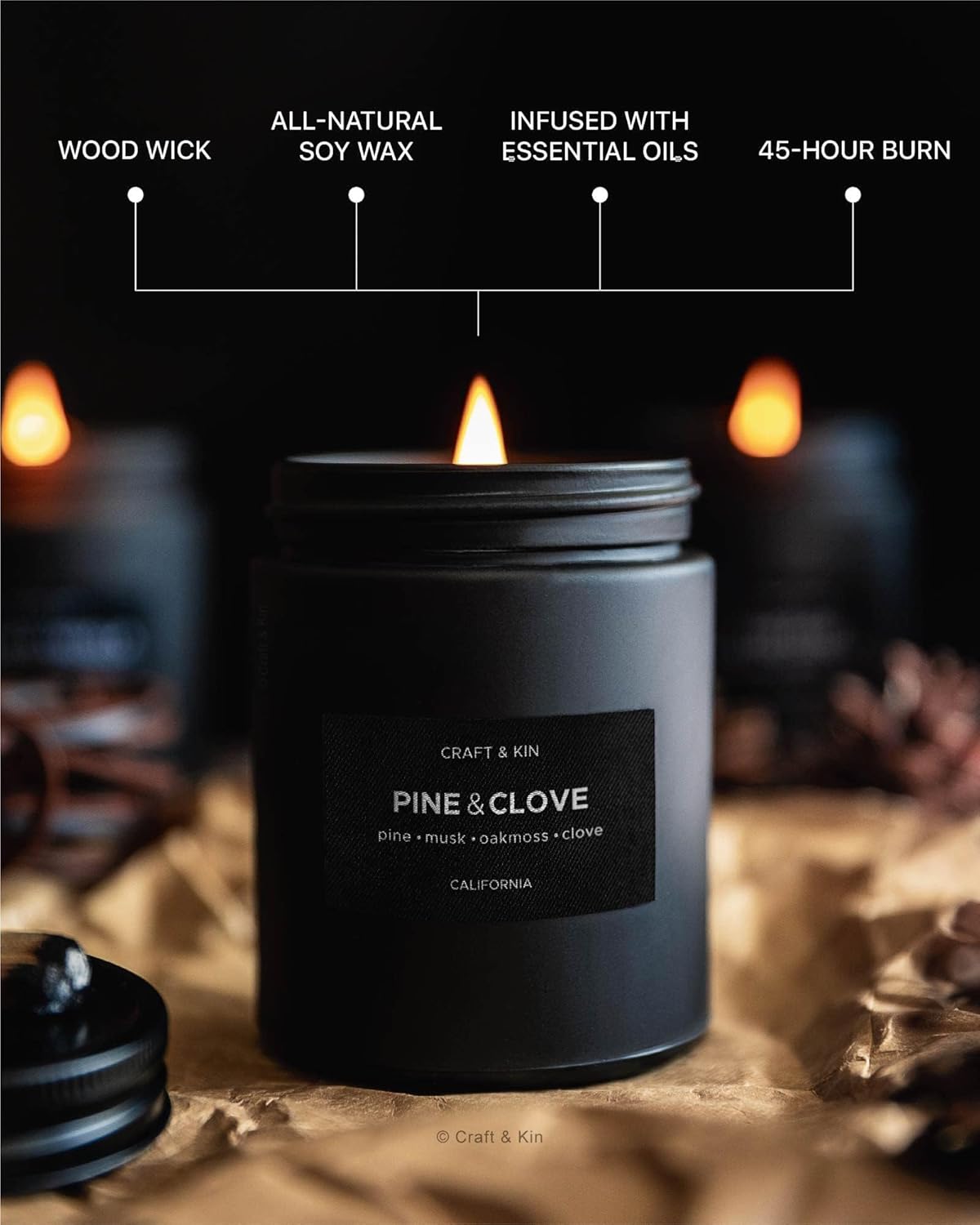 Craft & Kin Premium Pine & Clove Candle | Black Scented Candles | Fathers Day Gift for Dad | Long Lasting with 45 Hour Burn Time, 7.6oz | Made with Soy Wax | Aromatherapy at Home | Gifts for Men - Image 4