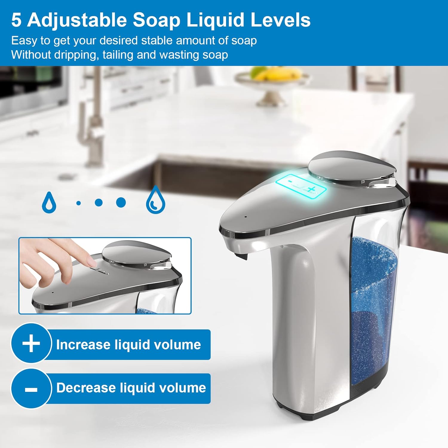 Automatic Soap Dispenser, Touchless Dish Soap Dispenser 17oz/500ml with Infrared Sensor, 5 Adjustable Soap Levels, Liquid Dispenser for Bathroom Kitchen (Silver) - Image 4
