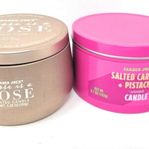 Trader Joe's Rose is a Rose and Salted Caramel and Pistachio Scented Candle Duo, Natural Soy Wax, Beeswax Blend, Lead-Free Cotton Wick, Pink Set