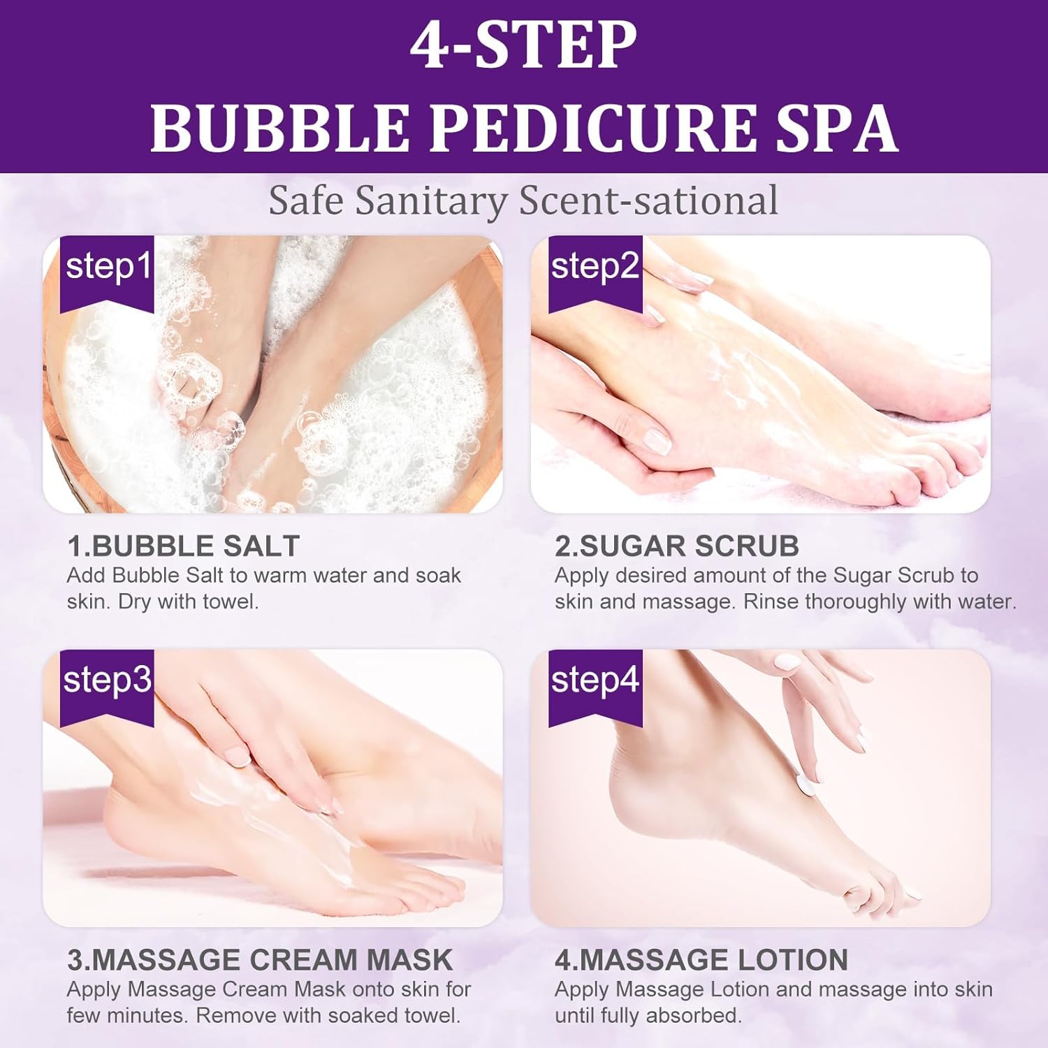 Lavender 4-Step Pedicure Kit 16 oz Foot Soak Scrub Mask Lotion - Image 6
