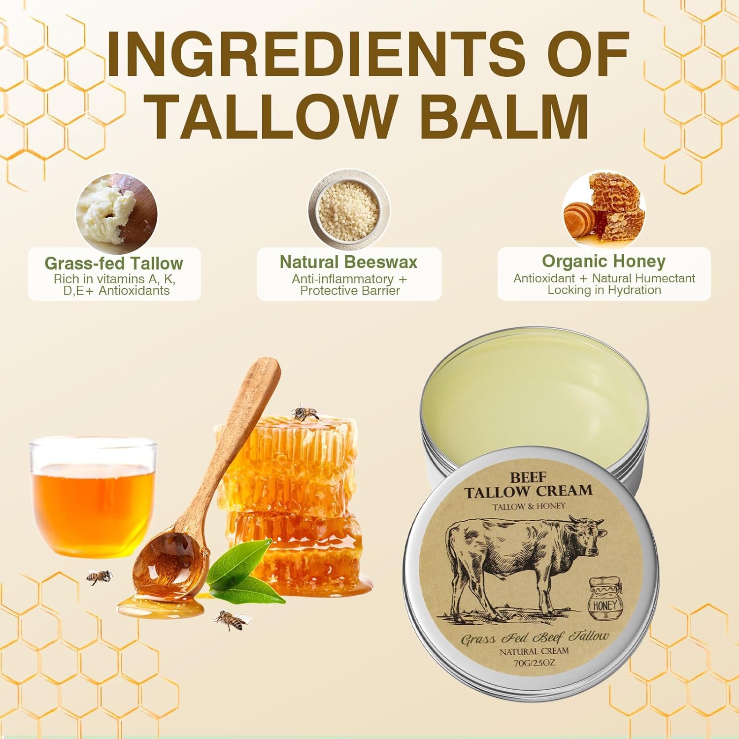 Beef Tallow for Skin, Tallow and Honey Cream,Tallow Face Moisturizer, Natural Grass-Fed Beef Tallow Balm with Raw Honey Moisturizing Cream for Body Lotion Skin Care for Skin (2.47 Oz) - Image 3