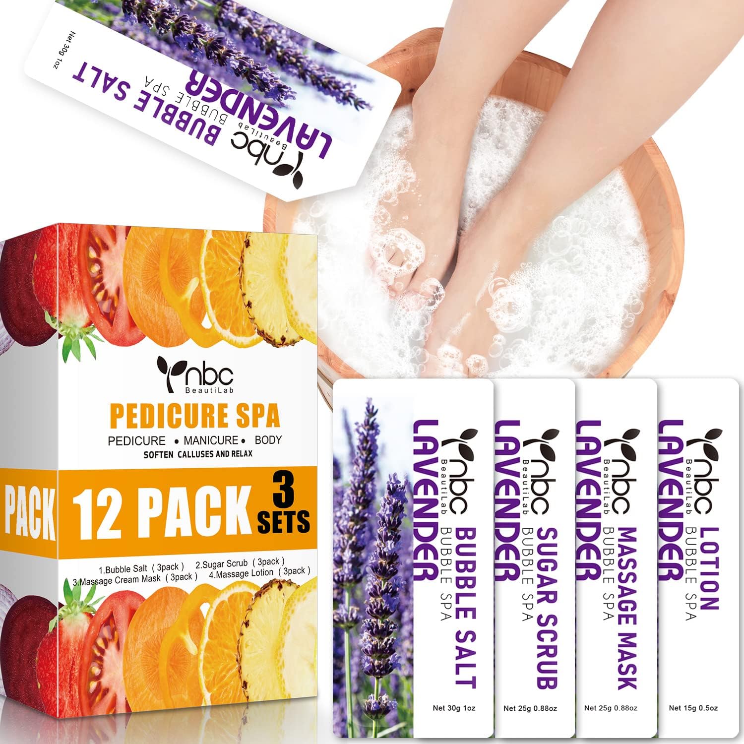 Lavender 4-Step Pedicure Kit 16 oz Foot Soak Scrub Mask Lotion - Image 2