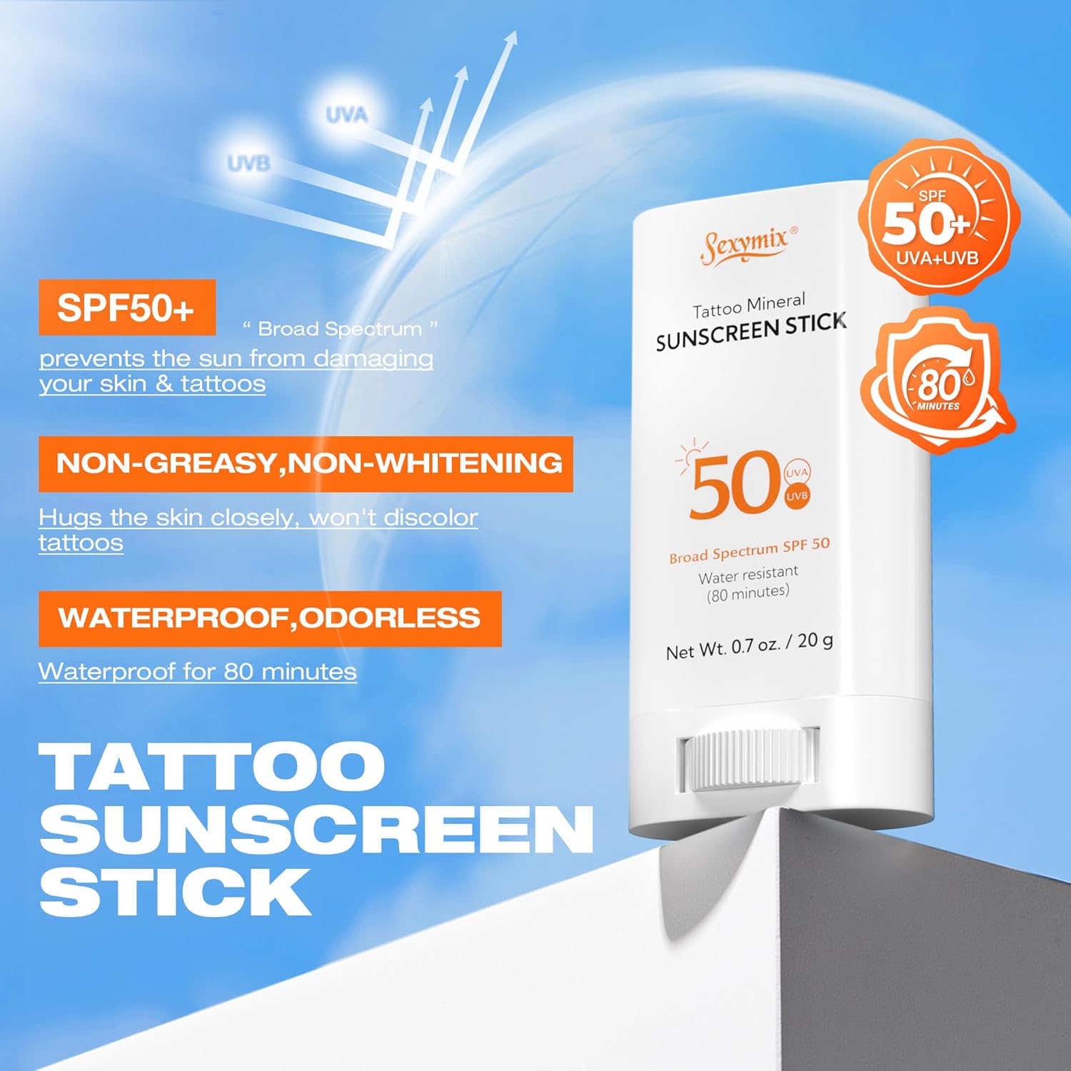 Sexymix Tattoo Sunscreen SPF 50 Sunscreen Stick, Mineral Sun Protection with Zinc Oxide, Broad Spectrum UVA/UVB Protection, Waterproof, Non-Greasy, Enhances Colors Tattoo Aftercare 0.7oz (2 Packs) - Image 2