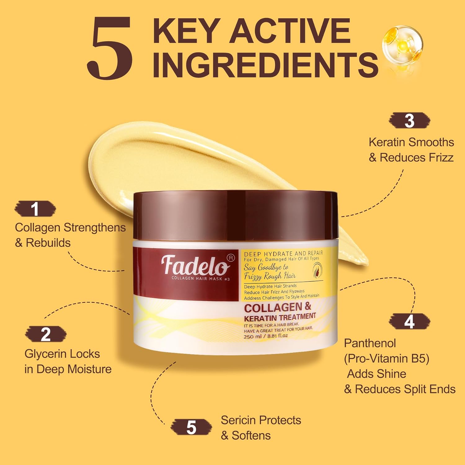 Collagen+Keratin Hair Mask - Deep Repair for Damaged Hair with Argan Oil and Vitamin E - Hydrating Treatment for Dryness and Damage-150 ml (Refreshing), Yellow (5.07 Fl Oz (Pack of 1), Fresh) - Image 8