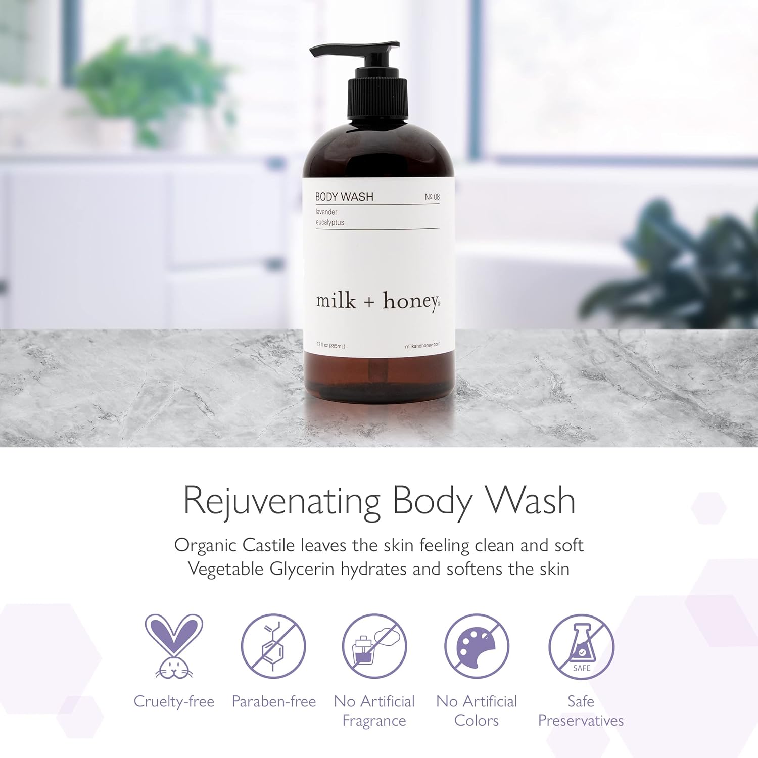 milk + honey Body Wash No. 08 – Lavender + Eucalyptus – Gentle Cleanser for Dry or Sensitive Skin – Natural Aromatherapy Shower Gel for Women & Men – 12 oz - Image 4