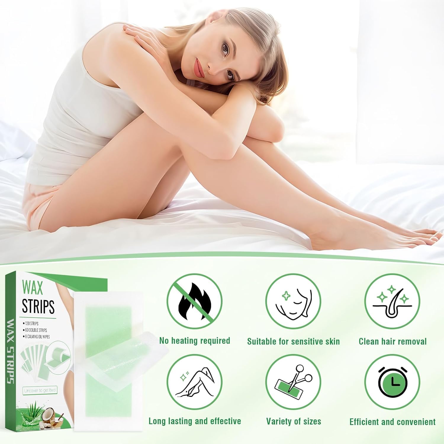 120 Piece Wax Strips Kit for Body Hair Removal, 2 Sizes, Aloe Scent, 8 Oil Wipes Included - Image 3