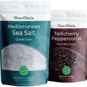 Viva Doria Tellicherry Black Peppercorn, Whole Black Pepper, Black Peppercorns, 12 Oz and Mediterranean Sea Salt, Coarse Grain, 2 lb, For Grinder Refills (2 Set)