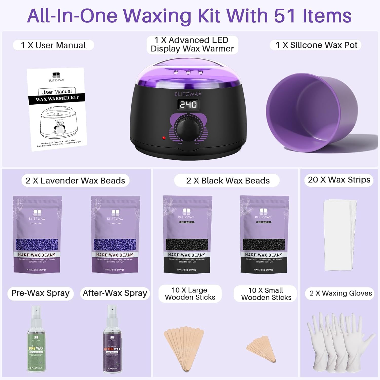 BLITZWAX Brazilian and Bikini Waxing Kit for Women, Hard Wax Warmer for Face, Legs and Body, At Home Hair Removal Kit, Beginner Friendly, Digital Fast Heating, 51 Wax Items - Image 6
