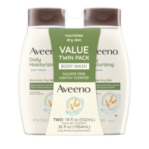 Aveeno Daily Moisturizing Body Wash for Dry & Sensitive Skin with Prebiotic Oat, Hydrating Body Wash Nourishes Dry Skin & Gently Cleanses, Light Fragrance, Sulfate-Free, 18 fl. oz, Pack of 2