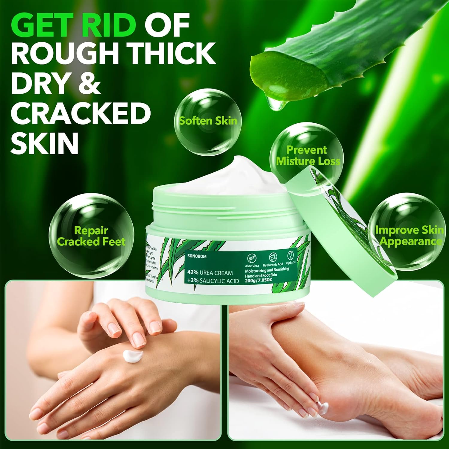 Urea Cream 42 Percent for Feet 7.0 Oz, 2% Salicylic Acid, Aloe Vera, Hyaluronic Acid , Deeply Moisturize Skin Cream For Dry Cracked Feet, Hands, Heels, Elbows, Nails, Knees, Intensive Moisturizes & - Image 3
