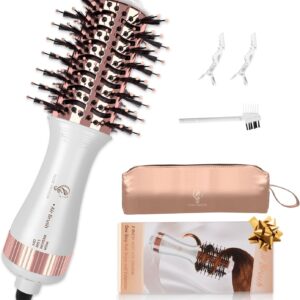 Travel Hair Dryer Brush, Nano Titanium 2 Inch One Step Hair Dryer & Styler Volumizer, Mini Oval Hot Air Brush, White and Rose Gold, HB004